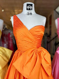 A-line one shoulder satin long prom dress with bow HZ1108
