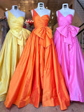 A-line one shoulder satin long prom dress with bow HZ1108