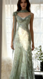 Elegant Green Mermaid Formal Dresses Beaded Chiffon Open Back Long Prom Dresses Spaghetti Straps Guest Dresses HZ1108