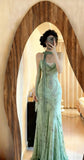 Elegant Green Mermaid Formal Dresses Beaded Chiffon Open Back Long Prom Dresses Spaghetti Straps Guest Dresses HZ1108
