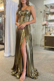Metallic A-line Spaghetti Strap Long Prom Dress with Slit HZ1108