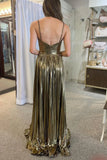 Metallic A-line Spaghetti Strap Long Prom Dress with Slit HZ1108