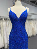 Mermaid V Neck Royal Blue Beade Applique Tulle Long Prom Dress, Evening Dress HZ1108
