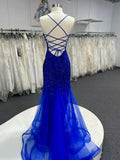 Mermaid V Neck Royal Blue Beade Applique Tulle Long Prom Dress, Evening Dress HZ1108
