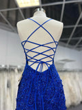 Mermaid V Neck Royal Blue Beade Applique Tulle Long Prom Dress, Evening Dress HZ1108