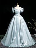 A-Line V Neck Satin Blue Long Prom Dress, Blue Long Formal Dress HZ1108