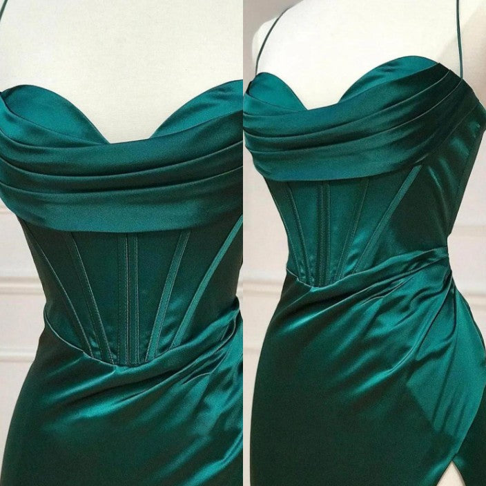 Dark Green Mermaid Satin Spaghetti Straps Long Prom Dress With Split HZ1108