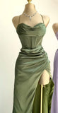 Dark Green Mermaid Satin Spaghetti Straps Long Prom Dress With Split HZ1108