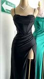 Dark Green Mermaid Satin Spaghetti Straps Long Prom Dress With Split HZ1108