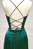 Dark Green Mermaid Satin Spaghetti Straps Long Prom Dress With Split HZ1108