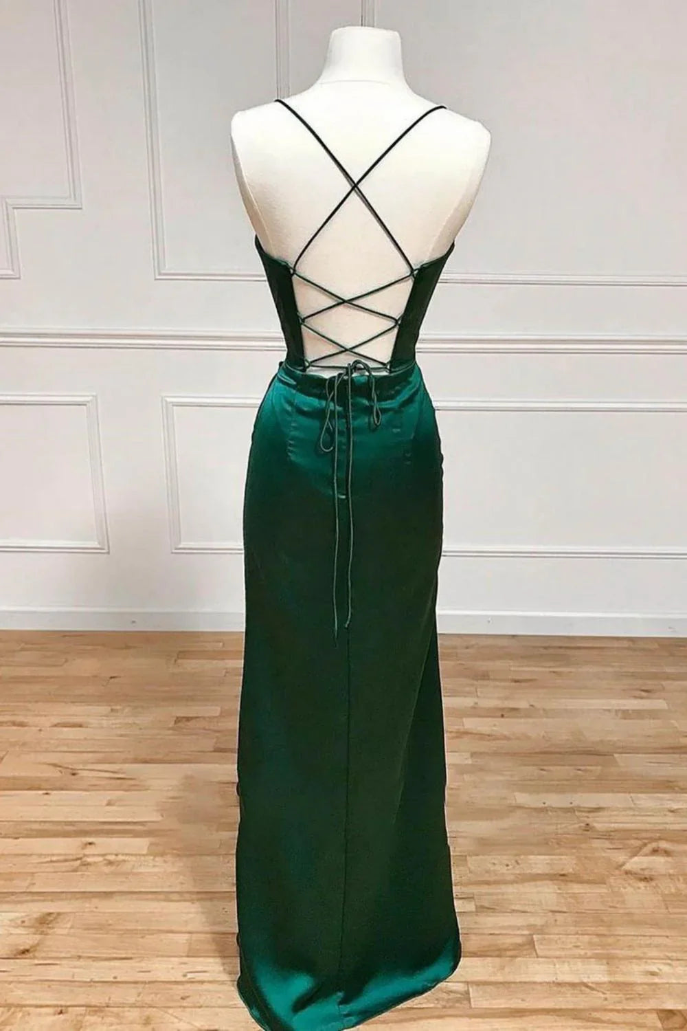 Dark Green Mermaid Satin Spaghetti Straps Long Prom Dress With Split HZ1108