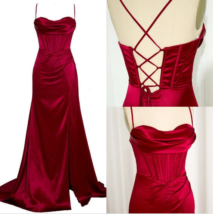 Dark Green Mermaid Satin Spaghetti Straps Long Prom Dress With Split HZ1108