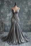 Mermaid V Neck Silver Spaghetti Straps Satin Long Prom Dress Sexy Evening Dress HZ1108