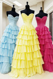 Lovely Yellow A-Line Sweetheart Long Tiered Prom Dress with Slit HZ1108