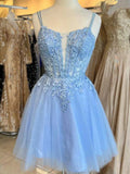 A-Line Blue Spaghetti Strap Tulle Beaded Short Prom Dress, Cute Applique Homecoming Dress HZ1108