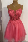 A-Line Blue Spaghetti Strap Tulle Beaded Short Prom Dress, Cute Applique Homecoming Dress HZ1108