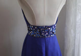 Royal Blue A-Line Halter Chiffon Satin Long Prom Dress V-neck Beaded Birthday Party Dress HZ1108