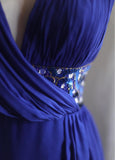 Royal Blue A-Line Halter Chiffon Satin Long Prom Dress V-neck Beaded Birthday Party Dress HZ1108