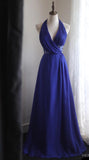 Royal Blue A-Line Halter Chiffon Satin Long Prom Dress V-neck Beaded Birthday Party Dress HZ1108