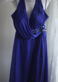 Royal Blue A-Line Halter Chiffon Satin Long Prom Dress V-neck Beaded Birthday Party Dress HZ1108