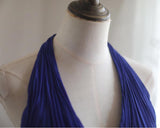 Royal Blue A-Line Halter Chiffon Satin Long Prom Dress V-neck Beaded Birthday Party Dress HZ1108