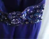 Royal Blue A-Line Halter Chiffon Satin Long Prom Dress V-neck Beaded Birthday Party Dress HZ1108