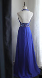Royal Blue A-Line Halter Chiffon Satin Long Prom Dress V-neck Beaded Birthday Party Dress HZ1108