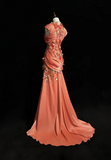 Bright Orange Mermaid V-Neck Satin Beaded Long Prom Dress Sequined Evening Gown HZ1108