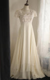 Beige Square Neck Chiffon Lace Empire Dress Long Prom Dress Beaded Wedding Dress HZ1108