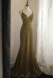 Mermaid V-Neck Satin Long Prom Dress Elegant Spaghetti Strap Formal Dress HZ1108