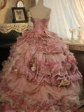 Sweet Pink Strapless Satin Tulle Sequin Beaded Diamond Long Ball Gown HZ1108