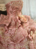 Sweet Pink Strapless Satin Tulle Sequin Beaded Diamond Long Ball Gown HZ1108