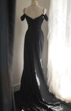 Elegant Black Mermaid Spaghetti Strap Satin Diamond Long Prom Dress Simple Evening Dress HZ1108