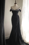 Elegant Black Mermaid Spaghetti Strap Satin Diamond Long Prom Dress Simple Evening Dress HZ1108