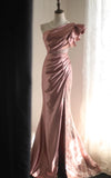 Pink Mermaid One Shoulder Satin Beaded Sequin Long Prom Dress Bridalmaid Dress HZ1108
