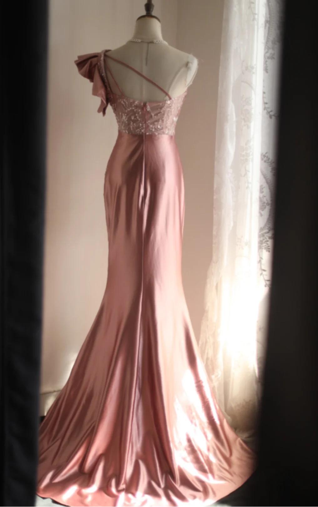 Pink Mermaid One Shoulder Satin Beaded Sequin Long Prom Dress Bridalmaid Dress HZ1108