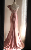 Pink Mermaid One Shoulder Satin Beaded Sequin Long Prom Dress Bridalmaid Dress HZ1108