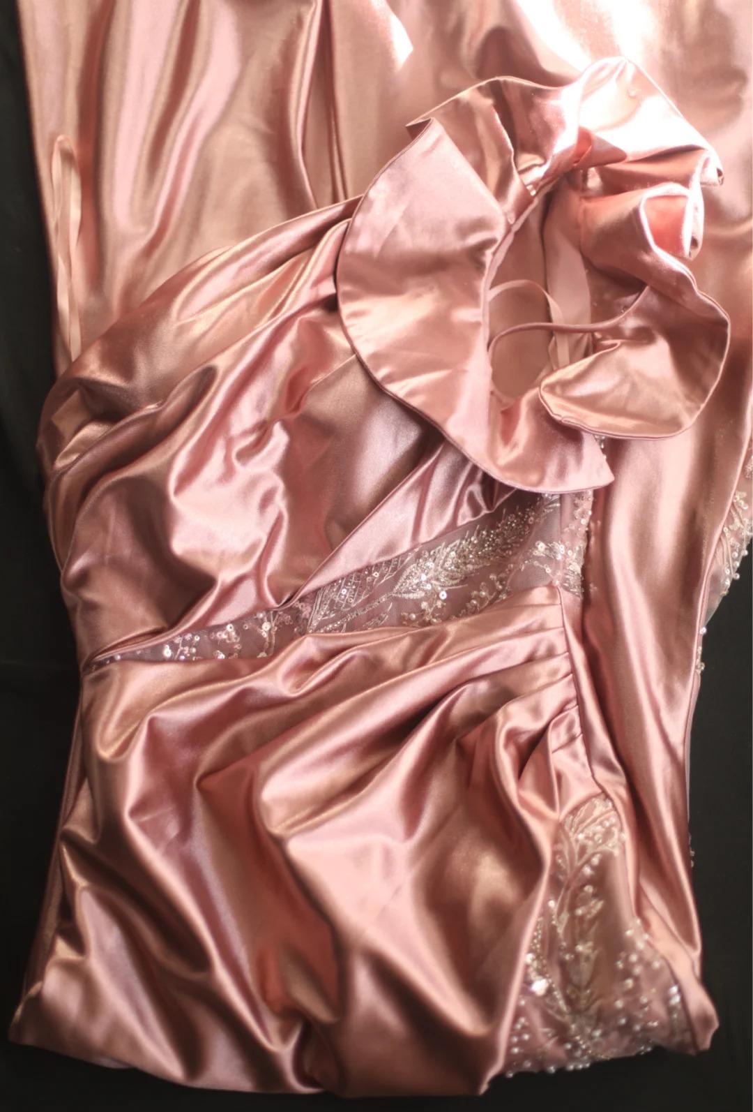 Pink Mermaid One Shoulder Satin Beaded Sequin Long Prom Dress Bridalmaid Dress HZ1108