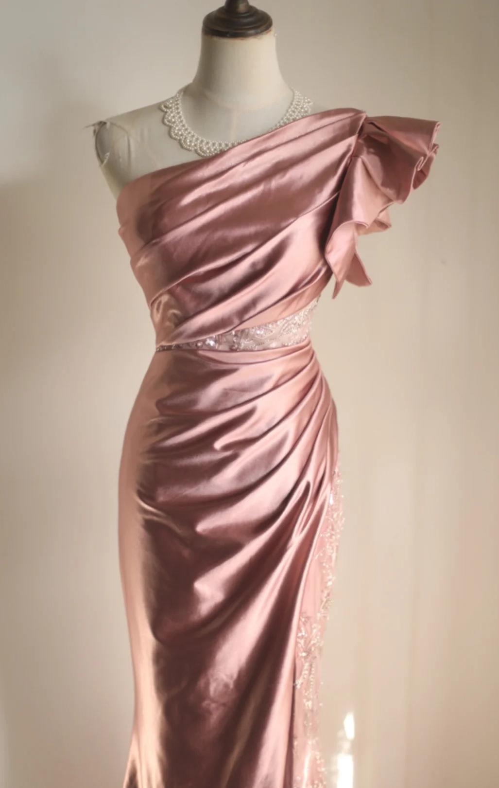 Pink Mermaid One Shoulder Satin Beaded Sequin Long Prom Dress Bridalmaid Dress HZ1108