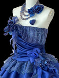 Vintage A-Line Strapless Satin Tulle Long Ball Dress Klein Blue 3D Applique Evening Dress HZ1108