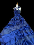 Vintage A-Line Strapless Satin Tulle Long Ball Dress Klein Blue 3D Applique Evening Dress HZ1108