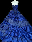 Vintage A-Line Strapless Satin Tulle Long Ball Dress Klein Blue 3D Applique Evening Dress HZ1108