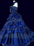 Vintage A-Line Strapless Satin Tulle Long Ball Dress Klein Blue 3D Applique Evening Dress HZ1108