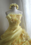 Sweet Yellow A-Line Strapless Organza Wedding Dress with Appliques and Rhinestones Long Evening Gown HZ1108