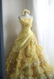 Sweet Yellow A-Line Strapless Organza Wedding Dress with Appliques and Rhinestones Long Evening Gown HZ1108