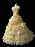 Sweet Yellow A-Line Strapless Organza Wedding Dress with Appliques and Rhinestones Long Evening Gown HZ1108