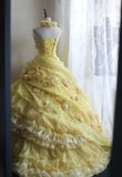 Sweet Yellow A-Line Strapless Organza Wedding Dress with Appliques and Rhinestones Long Evening Gown HZ1108