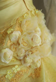 Sweet Yellow A-Line Strapless Organza Wedding Dress with Appliques and Rhinestones Long Evening Gown HZ1108