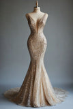 Champagne Mermaid Deep V Neck Tulle Sequin Beaded Long Prom Dress Sexy Evening Dress HZ1108
