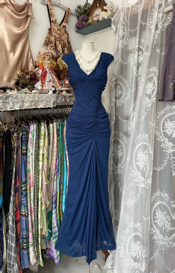 ??Vintage Midnight Blue Mermaid Gown ??V Neck Pretty Prom Dress for Events&Party HZ1108